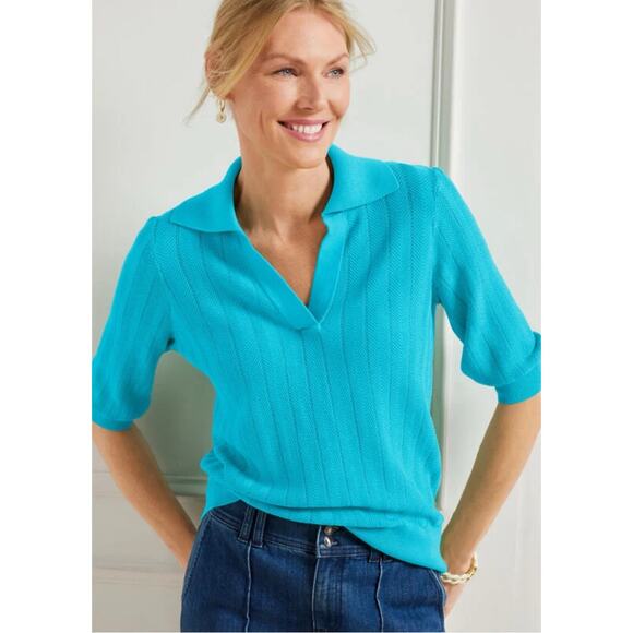 Talbots Tops - Talbots Johnny Collar Knit Polo Sweater Short Sleeve Textured Chevron Blue XL